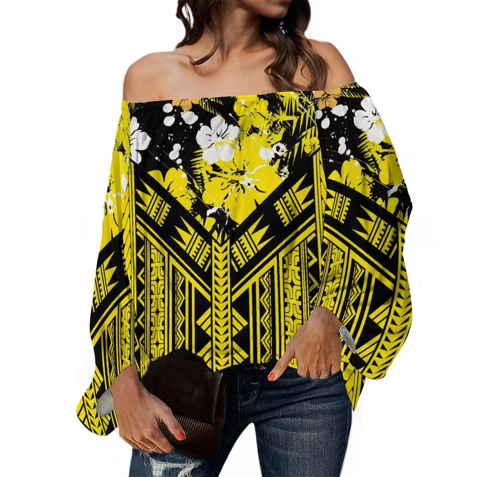 Samoa Island Clothing Custom Women'S Summer One-Line Shoulder Top Soft Fabric Polynesian Floral Print Ethnic Women'S Wear