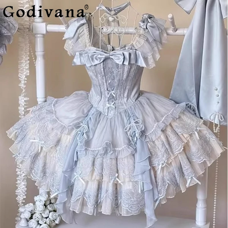 

Blue Ballet Style Lolita Dress with Bowknot Women Embroidered Cute Sweet Elegant Dress Female Summer Puffy Princess Dress