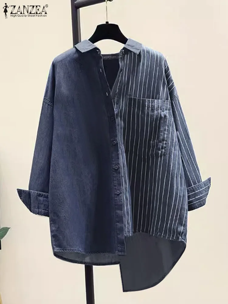 ZANZEA 2024 Summer Striped Shirt Women Long Sleeve Patchwork Blusas Female Work Tops Casual Loose Blouse Pullovers Oversized