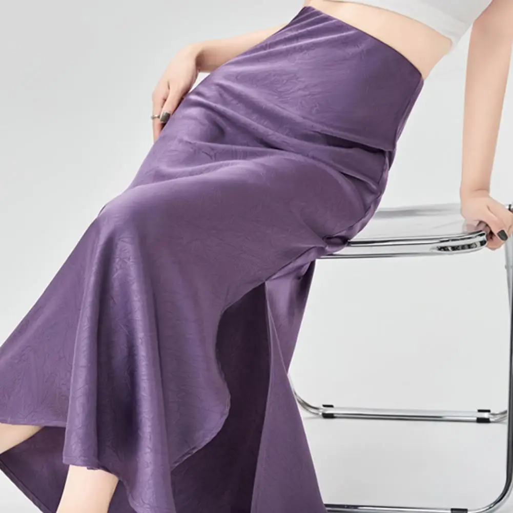 

Shiny Long Skirt Elegant Satin Fishtail Skirt with Slit Design for Women High Waist Midi Skirt Slim Fit Summer Long Solid Color