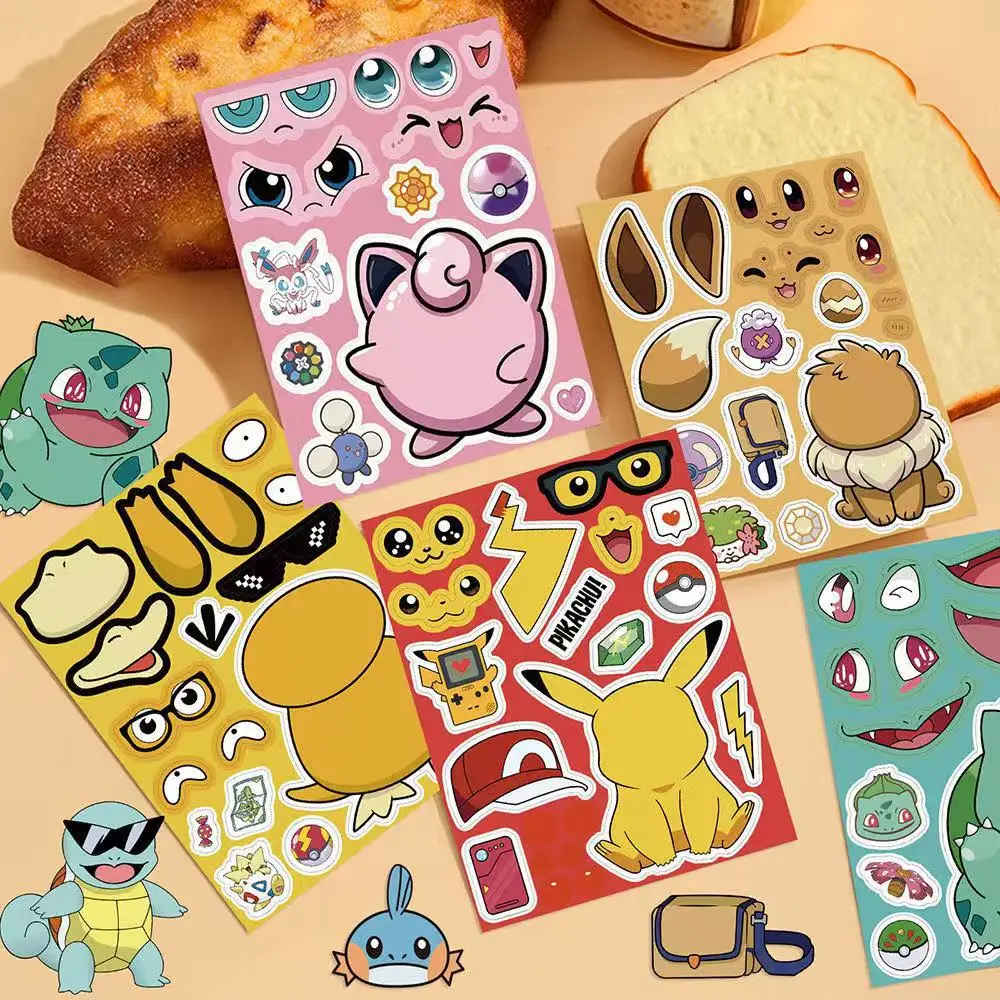 8 Vellen Anime Pokemon Cartoon Puzzel Stickers Pikachu Kinderen Maken Een Gezicht DIY Speelgoed Grappig Monteren Jigsaw Kids Jongens meisjes Party