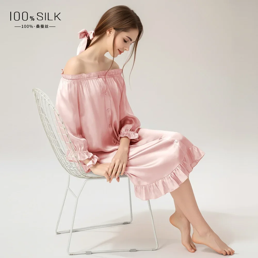 

French Style 100% Mulberry Silk Women's Nightshirt Sleep Dress Button Down Chemise Nightgown Half Sleeves Plus Size Nightdress