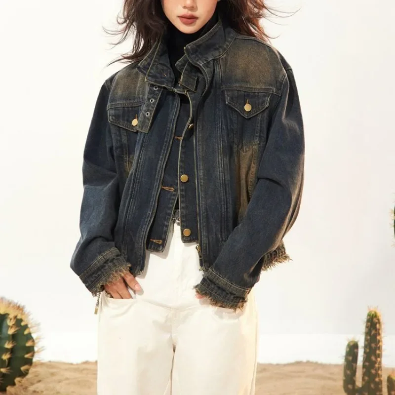 American Fake Two-piece Short Denim Jacket Women Retro Western Cowboy Double Necked Motorcycle Jackets Cool Girls Streetwear
