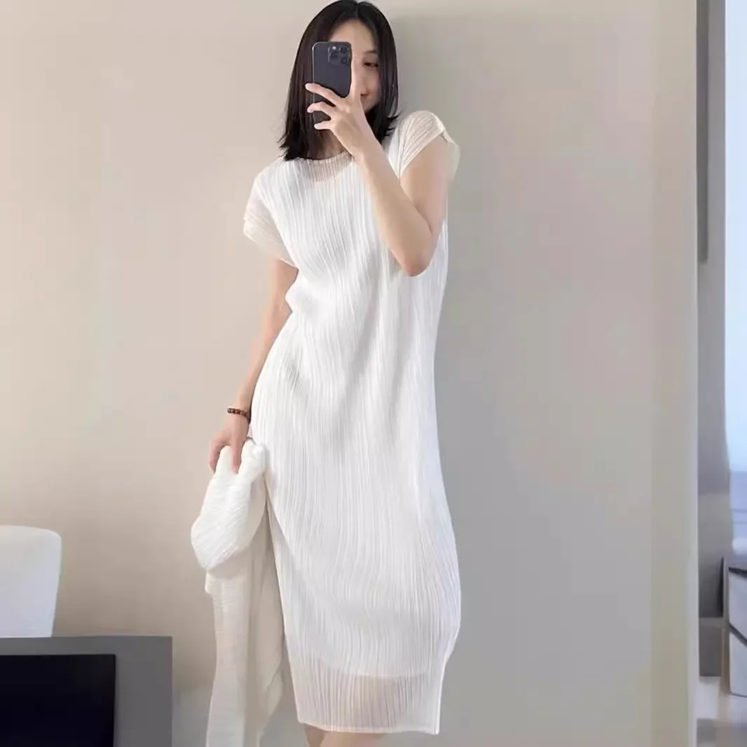 Vestidos femininos miyake plissado moda baggy plus size o-pescoço sem mangas vestido de dupla camada