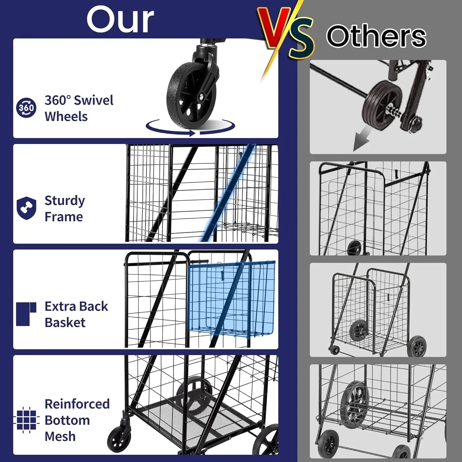 عربة تسوق قابلة للطي، عربة بقالة، سعة 340 رطل، عربة أدوات مع 360 درجة ° عجلات دوارة، سلة كبيرة وإضافية · للبيع #3