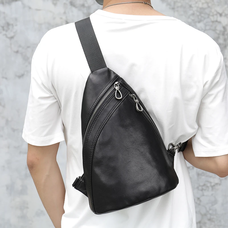 

New Design Men's Bag Natural Cow Skin Male Chest Bag Outdoor Summer Riding Bags Single Shoulder Backpack Black Men Bag