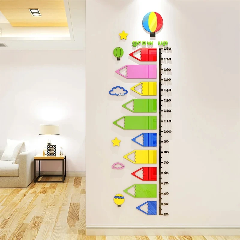 Acrylic 3D Children's Room Wall Sticker Cartoon Pencil Baby Height Ruler Wall Stickers 60x196CM Home Decoration Wall Stickers