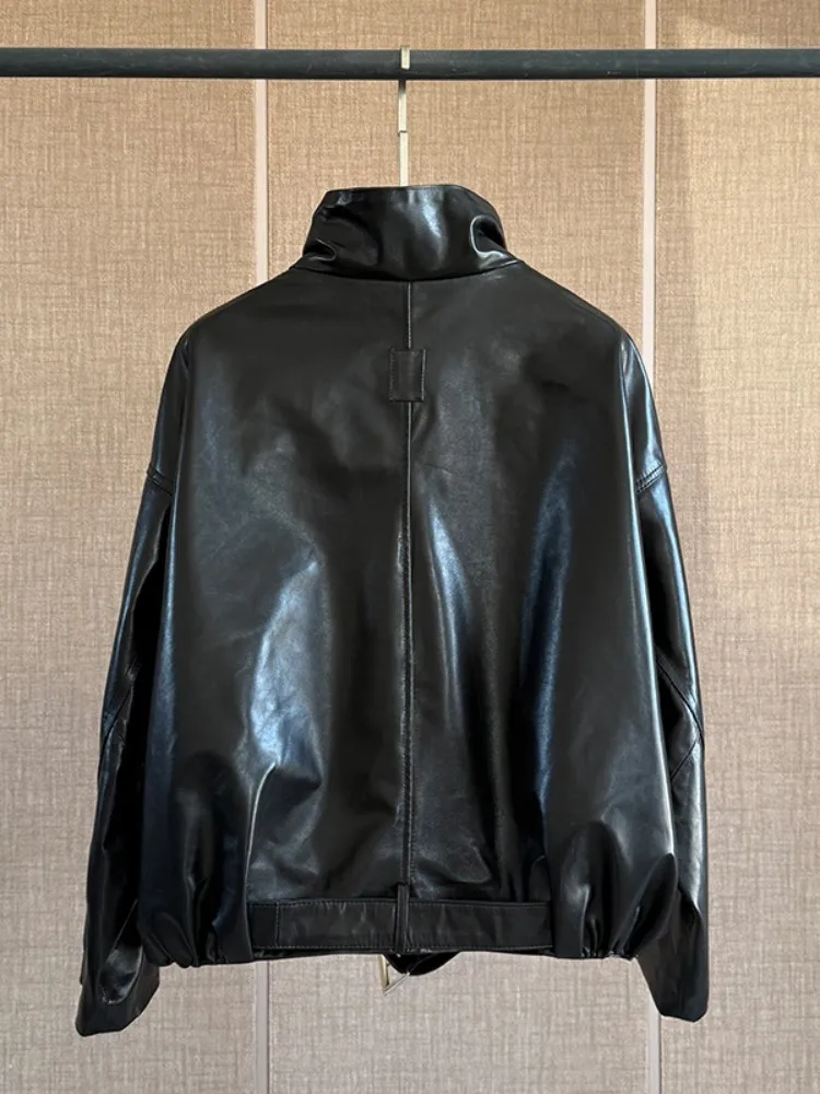 ربيع الخريف الإناث جلد طبيعي النفط الشمع سترة معطف الوقوف طوق البريدي فضفاضة تناسب جلد الغنم الطبيعي قصيرة دراجة نارية ملابس خارجية