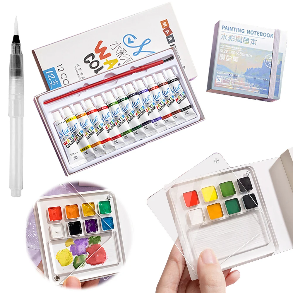 Travel Paint Palette for Painters Artists Students with Watercolor Sketch Book Watercolor Brush Acrylic Grid Paint Box