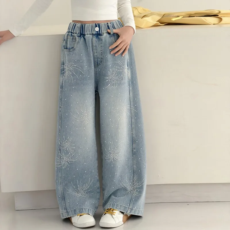 2026 Autumn UNITIM Children Girls Jeans Loose Sequin Junior Girls Denim Pants Elastic Waist Young Teenagers Girls Straight Pants
