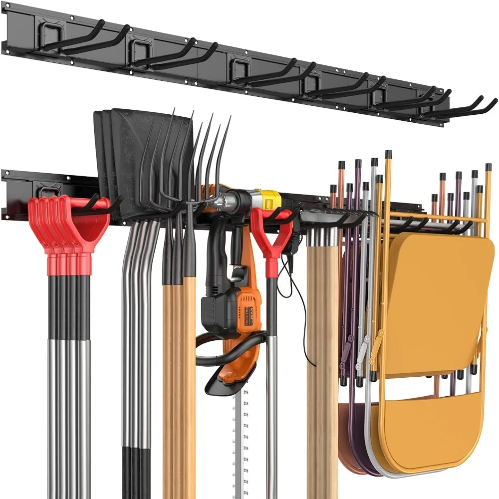 Garage Tool Storage Organizers Wall Mounted with 6 Removable Hooks and 3 Board， Broom, Mop, Rake Shovel & Tools