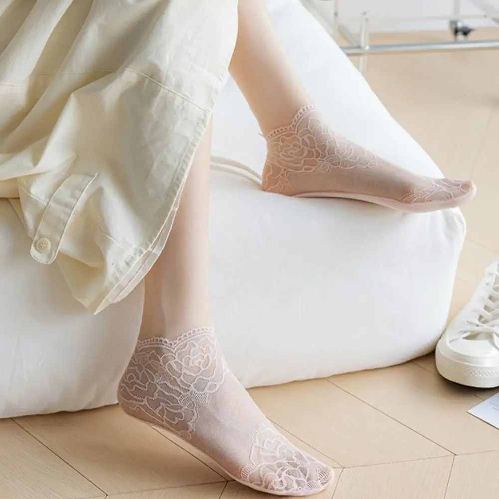 5Pairs Korean Ins Flower Mesh Lace Socks Thin Invisible Transparent Tulle Socks Breathable Hosiery Tube Socks Women Women