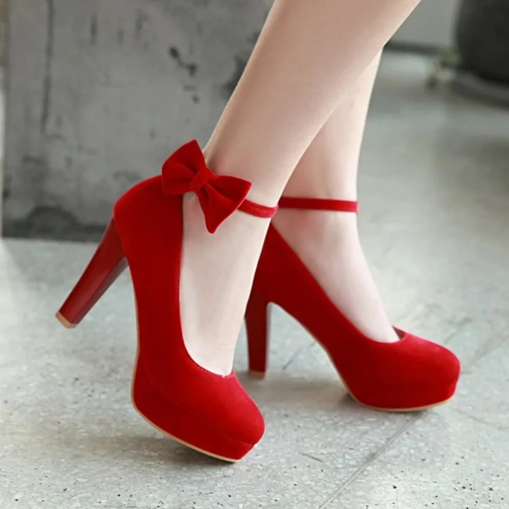 Super High Heels Women Shoes Round Toe Sexy Fashion Bow Ankle Buckle Strap Pumps Party Wedding Platform Shoes Big Size 31-47 1-3