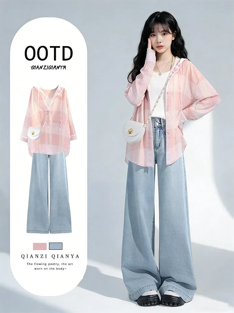 

Spring Summer Casual Women's Set Gentle Style Sun Protection Shirt Strap with Korean Wide Leg Jeans Three Piece Set