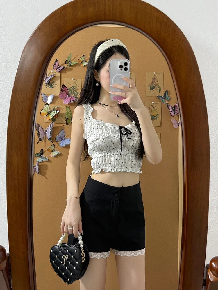 슬리밍 퓨어 디자이어 핫 걸 세트 여성 여름 2025 폴카 도트 레이스 트림 스트랩 베스트 A라인 투피스 세트 패셔너블