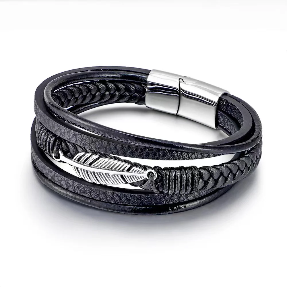 European and American Retro Punk Style Feather Stainless Steel Men's Bracelet 5 Layers Leather Rope Classic Bracelet Jewelry