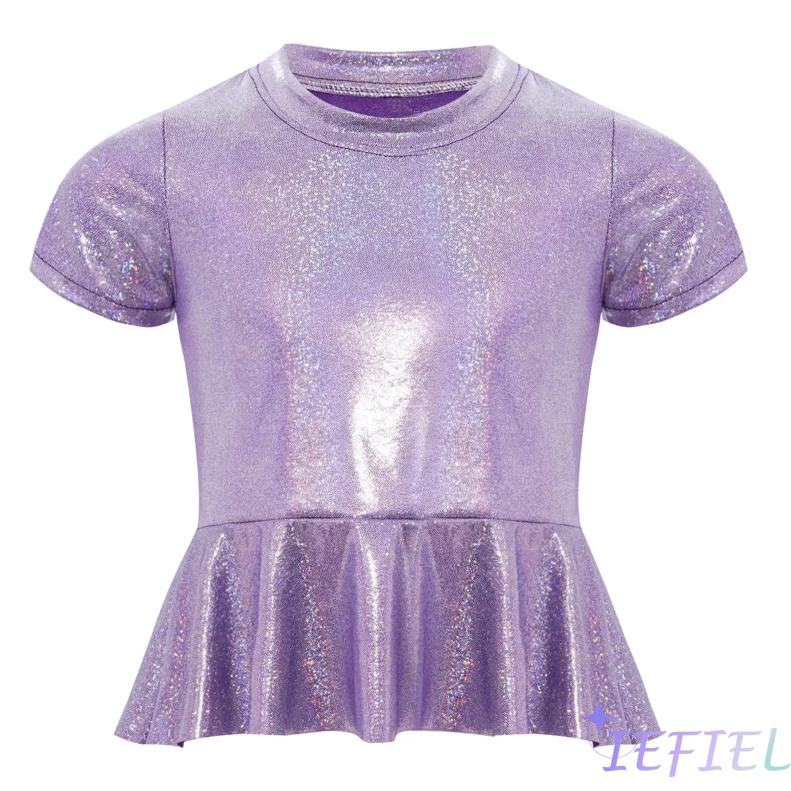 

Kids Girls Cheerleading Dance Top Metallic Peplum Design Round Neck Short Sleeve T Shirt for Jazz Stage Performance Party
