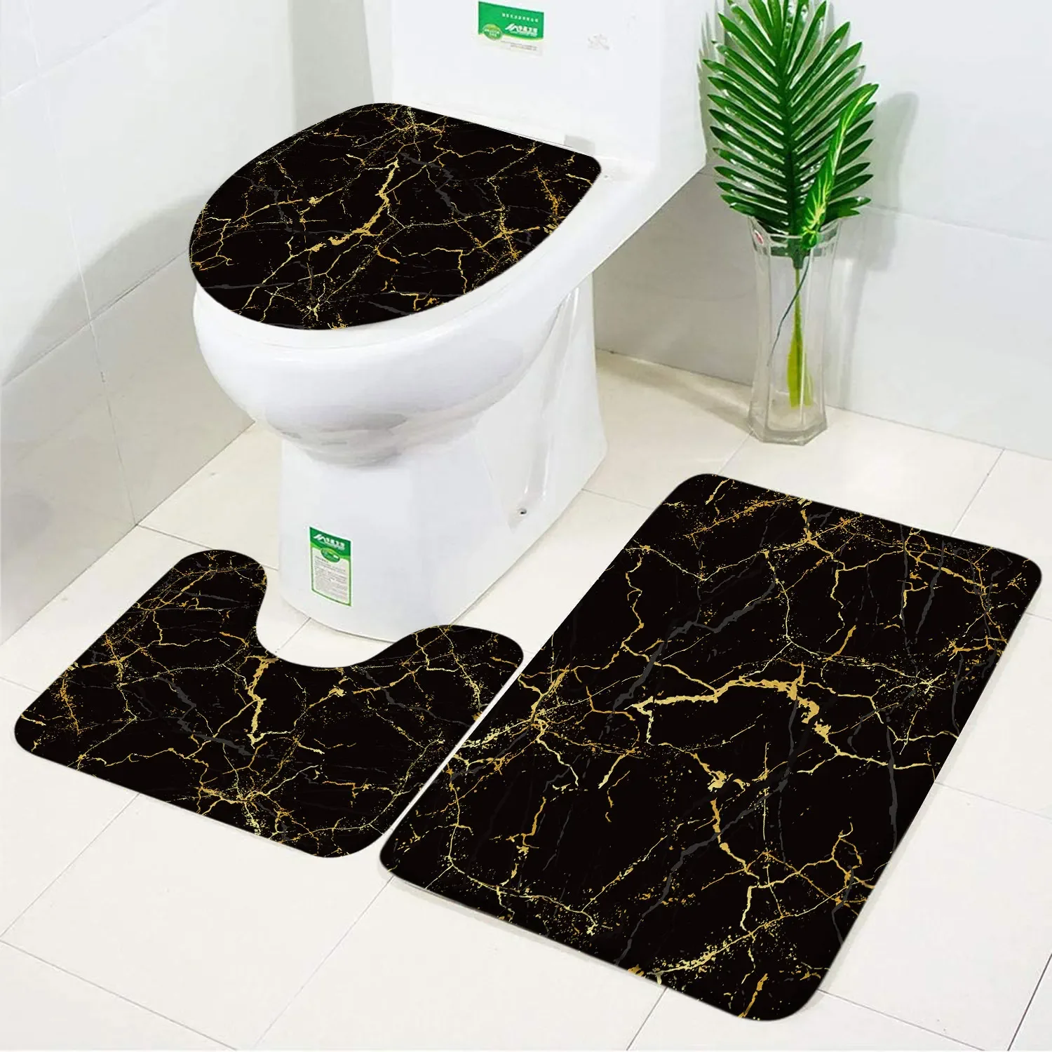 3pcs Set Black Marble Bath Mat Bathroom Rugs Anti Slip Absorbent Shower Carpet Toilet Lid Cover Bathtub Side Mats Doormat Carpet