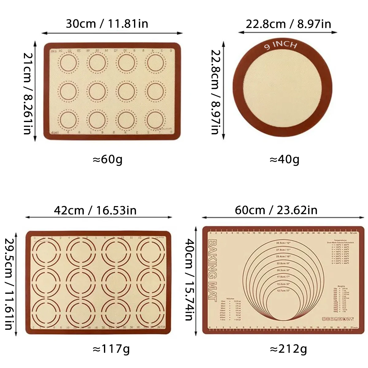 Silicone Baking Mats, 4 Sizes, Reusable Non-Slip Non-Stick Oven Liner Sheet, Large Pastry Mat, for Pizza Macaron Cookie Cake