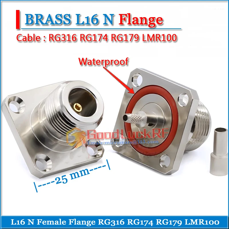 

L16 N Female With 4 hole Flange Panel Chassis Mount Waterproof RG316 RG174 RG179 LMR100 25 * 25 mm Brass RF Coaxial Adapters