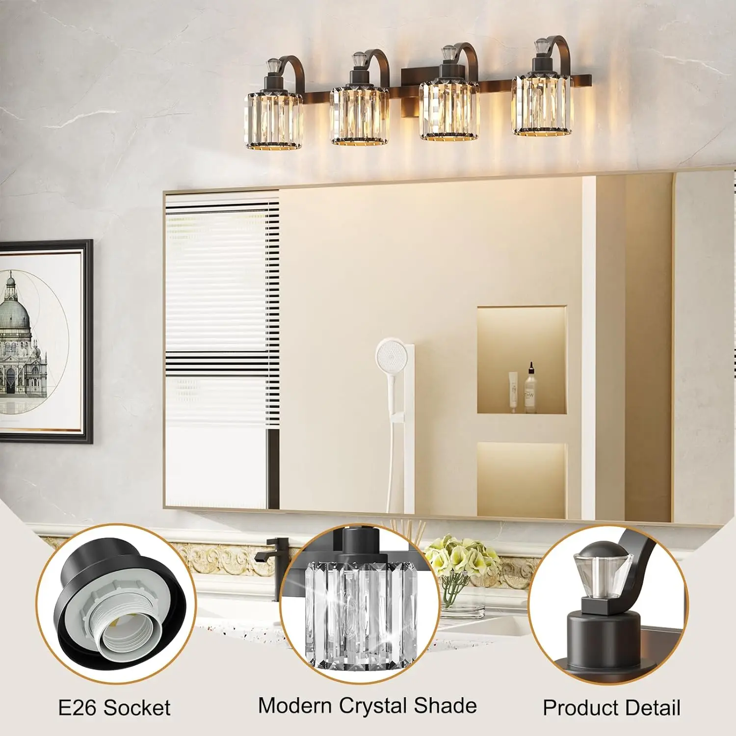 Хрустальный матовый черный светильник для туалетного столика в ванной комнате, 4-светный современный светильник для туалетного столика в ванной комнате, настенное освещение для ванны, основание E26