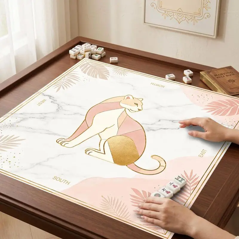 VIKAMA Pink Gold Marble Leopard Mahjong Mat Four Directions Zoned Non Slip Luxury American Mahjong Table Pad