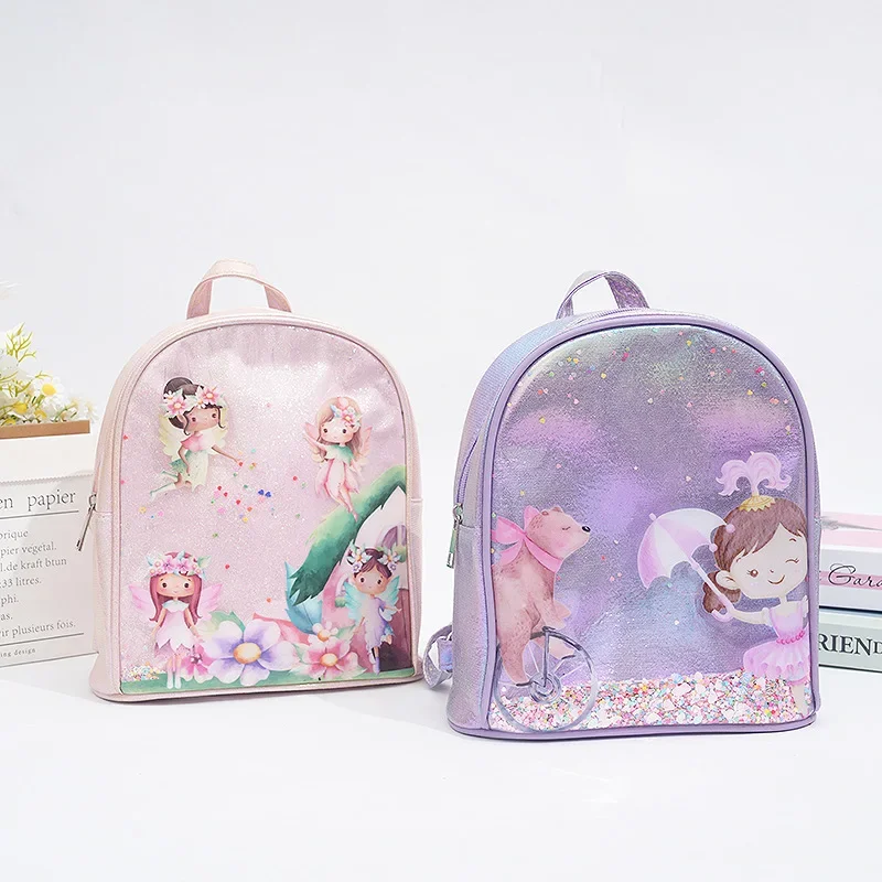 Little Girls Sequin Print Fairy Backpack Shiny Loose Powder Student Schoolbag Toddler Cartoon PU Printed Rainbow Backpack