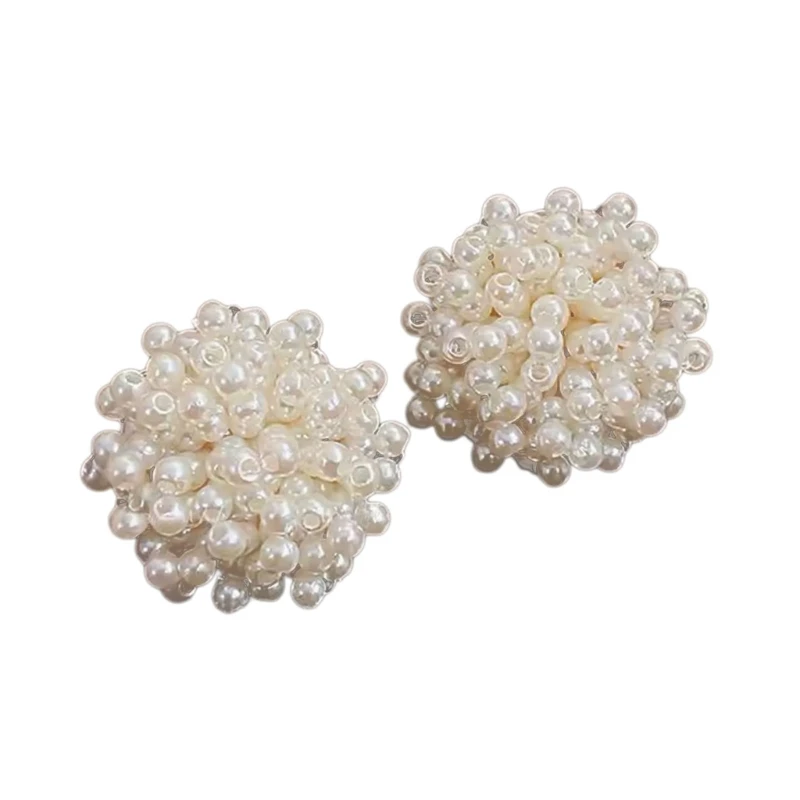 Compact Floral Ear Studs with Closely Arranged White Pearls Clusters