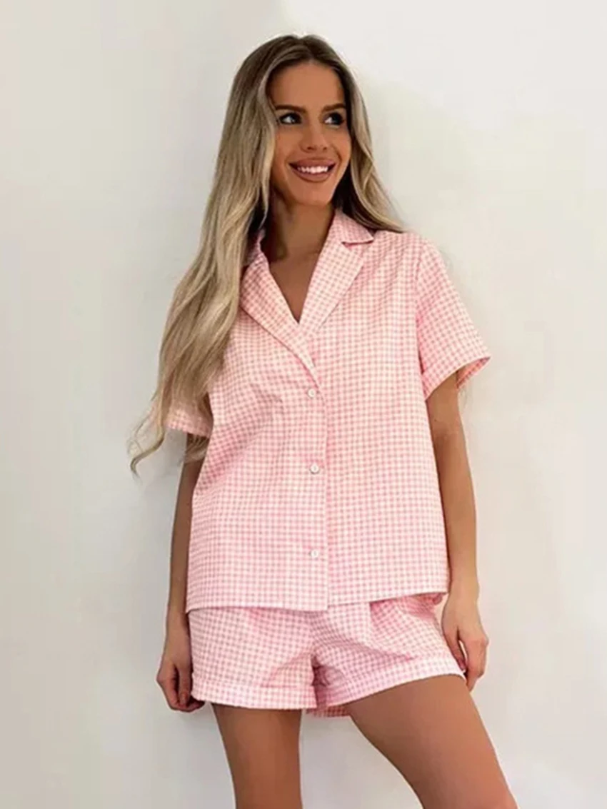 Marthaqiqi Plaid Women'S Sleepwear Set Short Sleeve Nightgowns Sexy Turn-Down Collar Nightwear Shorts Casual Home Clothes Ladies