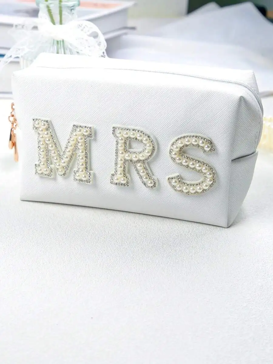 

Waterproof Bridal Cosmetic Bag With Pearl Letter Decoration Large Capacity Toiletry Bag For Women