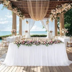 White Tulle Table Skirt Rectangle/Round Tables Ruffle Semi Sheer Tablecloths for Wedding Bridal Shower Birthday Party Decoration