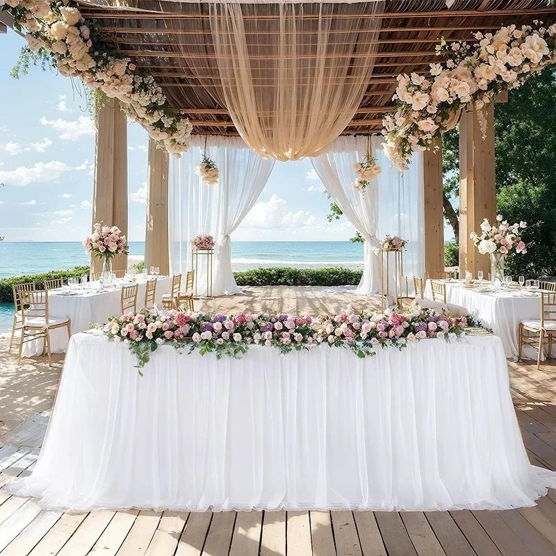 White Tulle Table Skirt Rectangle/Round Tables Ruffle Semi Sheer Tablecloths for Wedding Bridal Shower Birthday Party Decoration