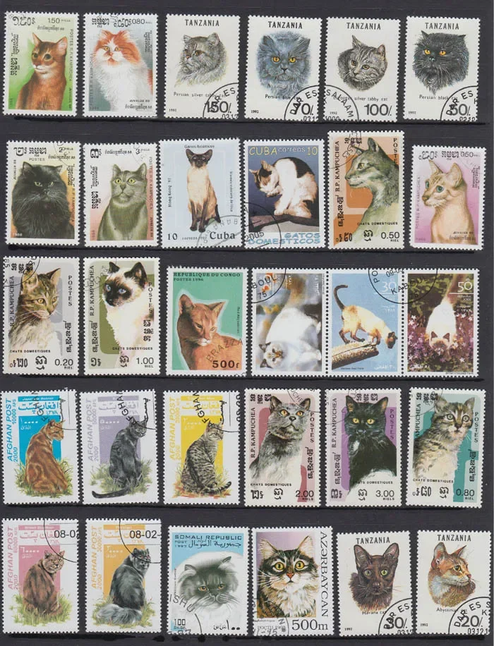 50Pcs/Set Cat Kitten All Different From Many Countries NO Repeat with Postmark Postage Stamps for Collecting