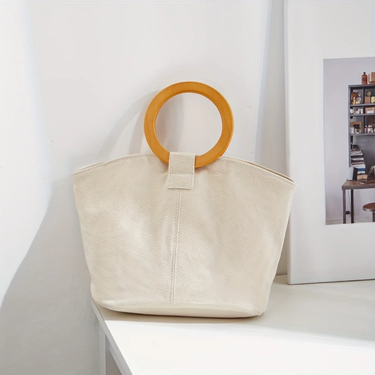 1pc, Canvas Tote Bag With Round Wooden Handle, Vintage Artistic Simple Style, Versatile Everyday Carryall, Shoulder Bag