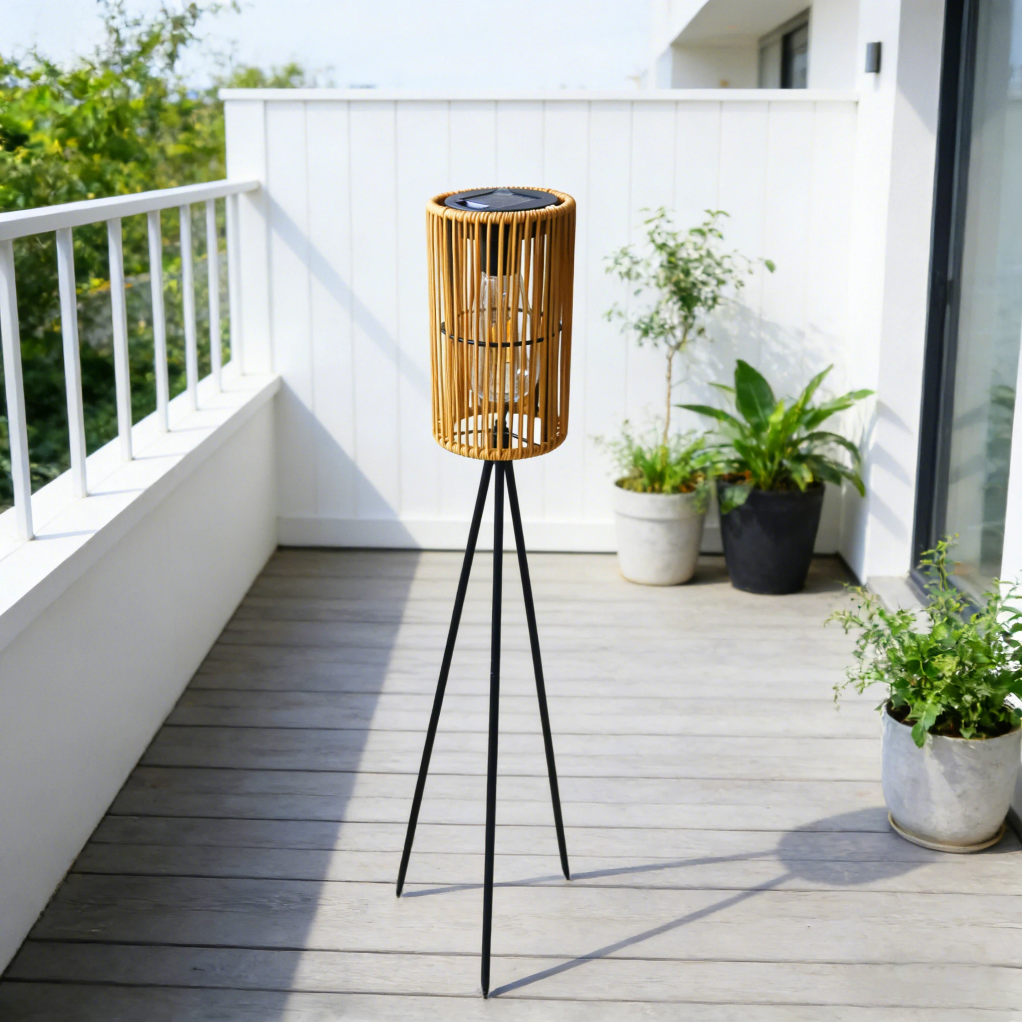 Japandi Rattan Solar Tripod Floor Lamp Outdoor View