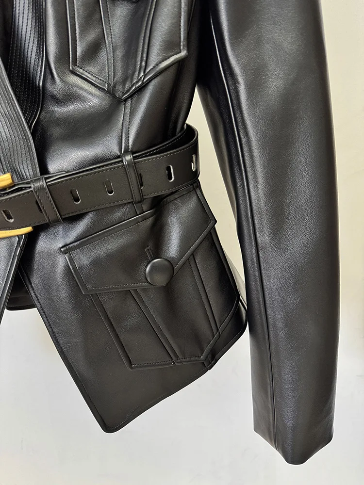 Herbst/Frühling Lederjacke Damen Vintage Gürtel Schlanke PU-Lederjacke Weiche Langarm-Oberteil V-Ausschnitt Lederjacke Schwarz