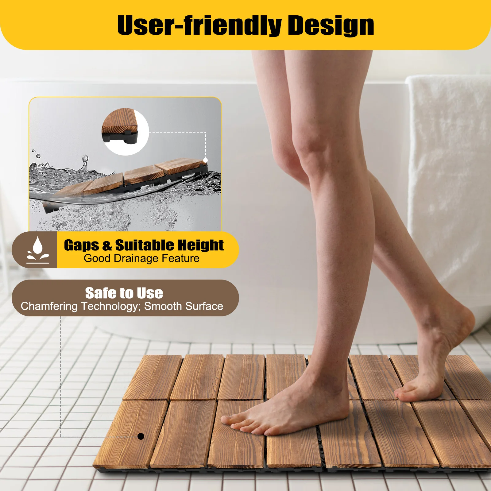 36Pcs Solid Larch Wood Interlocking Deck Tiles DIY Carbonized Anti-Slip Patio Flooring for Balcony Garden Terrace Outdoor Indoor