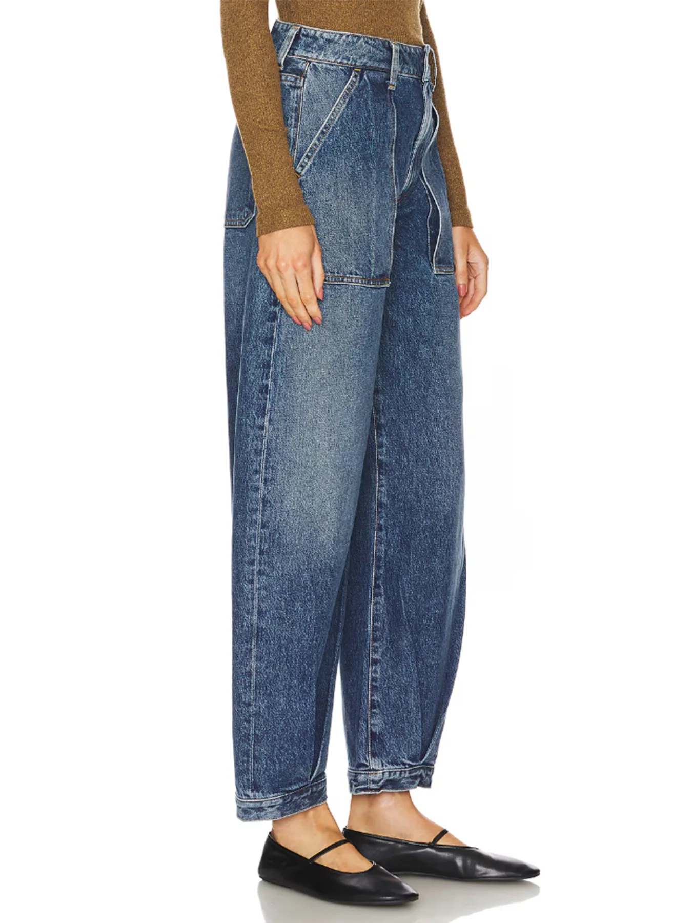 

Women's blue banana shaped loose wide leg elastic washed denim jeans, machine washable, suitable for all seasons