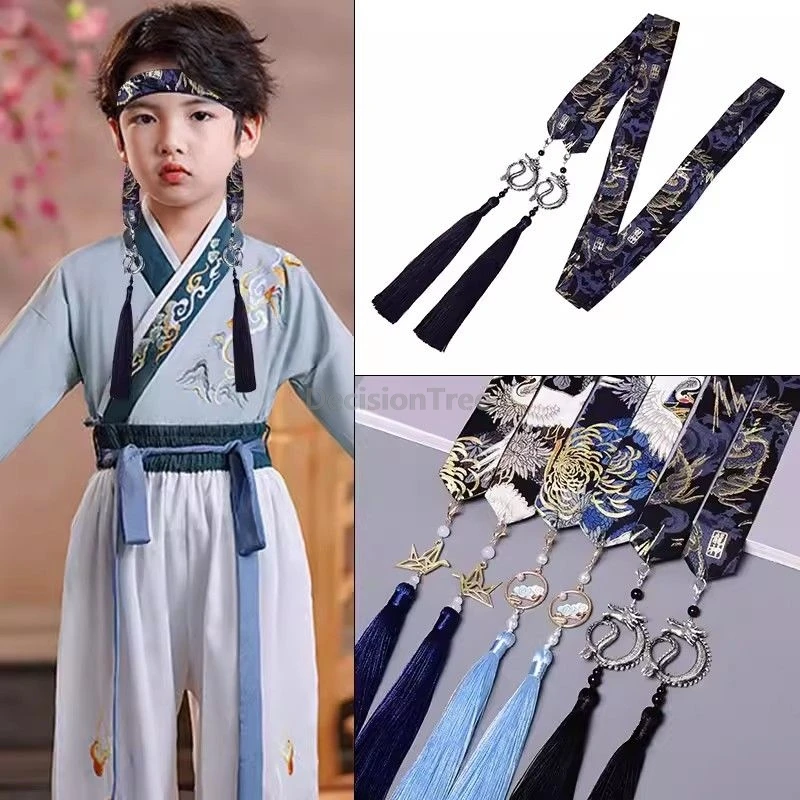 

2025 boys' long flowing hair hanfu ribbon versatile horse-face skirt hair accessories chinese ancient style printed headwear