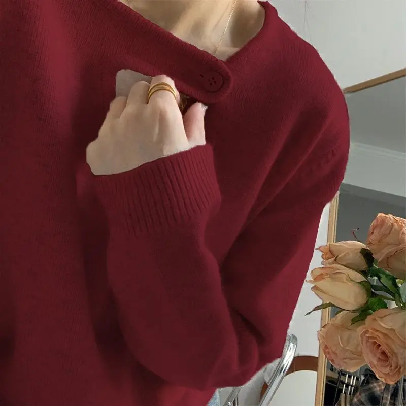 Buckle V-neck Pullover Shoulder Base Sweater Women's Autumn and Winter New Thick Inner Sweater Loose Lazy Style Top