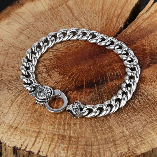 

Wholesale original s925 silver Om mani padme hum men's bracelet personality aggressive retro ring clasp Thai silver classic wris