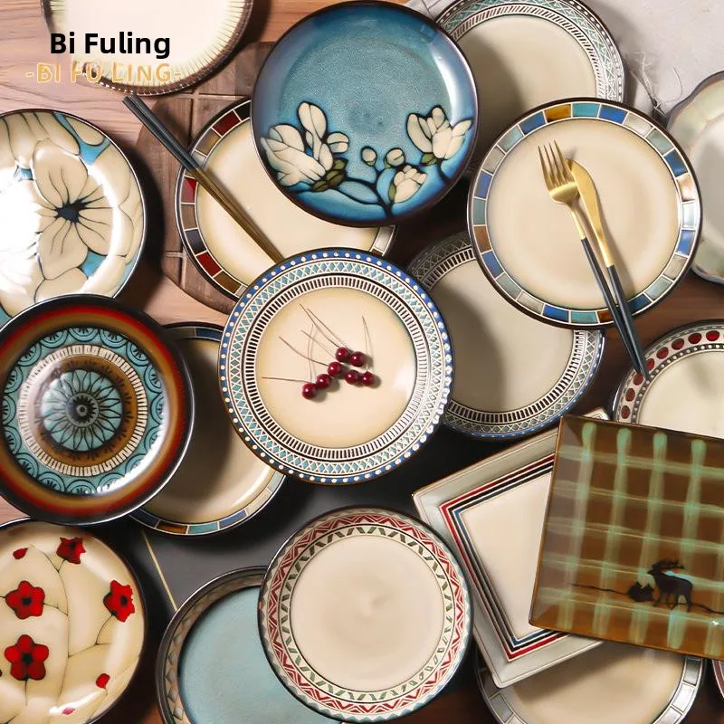 

Европейская керамическая тарелка для ужина, расписанная вручную под глазурью, тарелка для стейка, салата, фруктов, креативная тарелка для домашнего использования