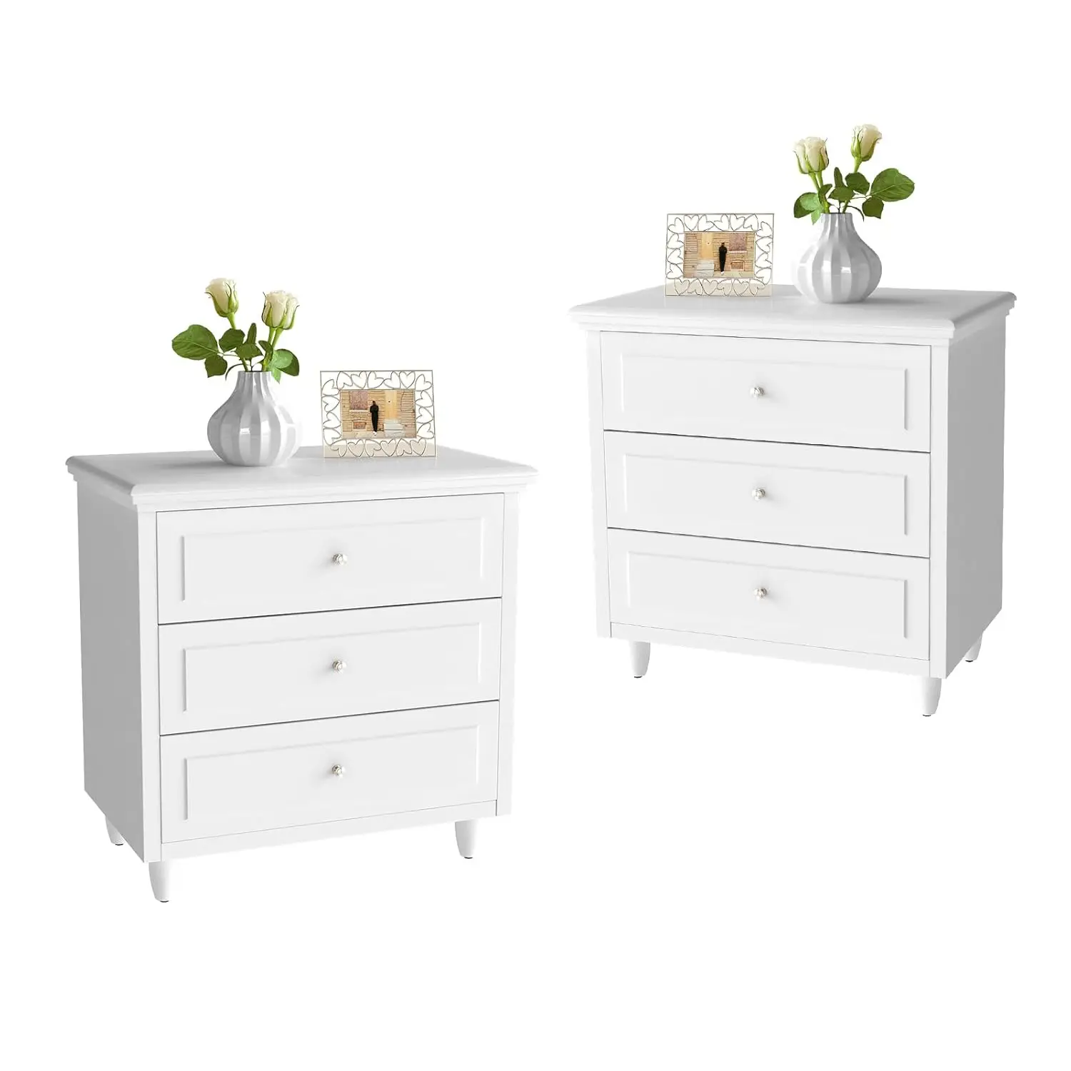 White 3-Drawer Nightstand Set of 2, 22 Inch Rattan Boho Side Table with Storage for Bedroom, Customized