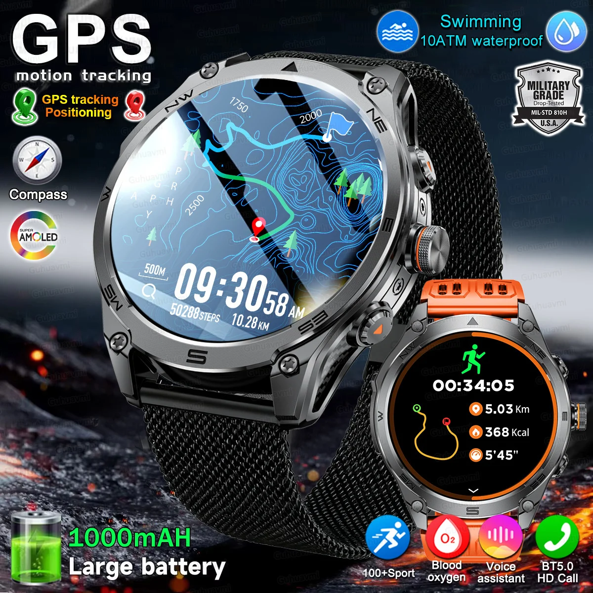 

New Smart Watch For Men 1000Mah GPS Compass Waterproof Tactics Sport Flashlight BT call Smart Watch For Fashion Sports iOS 1.75