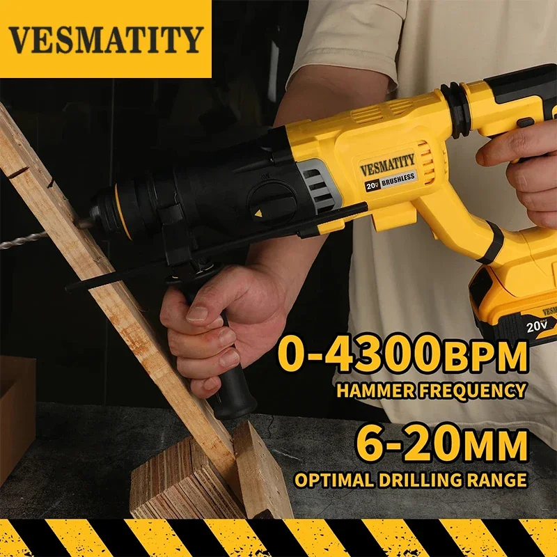 20V Brushless Rotary Hammer Drill Cordless Power Tool, 26mm Concrete Masonry Drilling Hammer Drill Bare for Construction Work