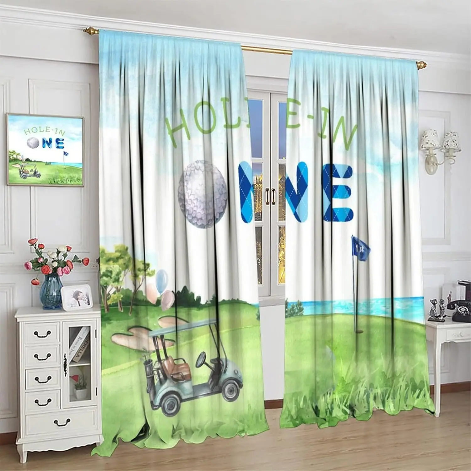 Kids Hole in One Golf Curtain, Watercolor Blue Sky Clouds Grass Window Treatments for Girls Cartoon Golf Sports Themed Window