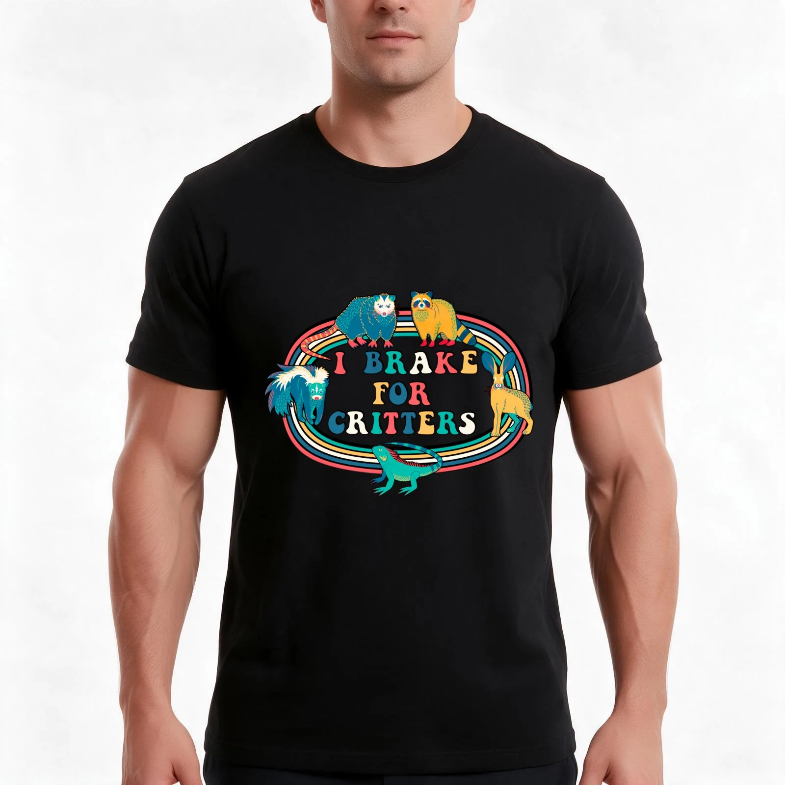 I brake for critters 1 T-Shirt, Summer Casual Cotton Tee, Oversized Streetwear Tops, Vintage Graphic Print, Unisex Men Women
