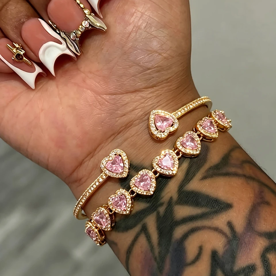 Yupsk 2 Stück/Set Rosa Blaues Herz Strass Tennis-Armband Gestapelter Schmuck für Frauen Mode Personalisierte Tägliche Accessoires – Detail 6