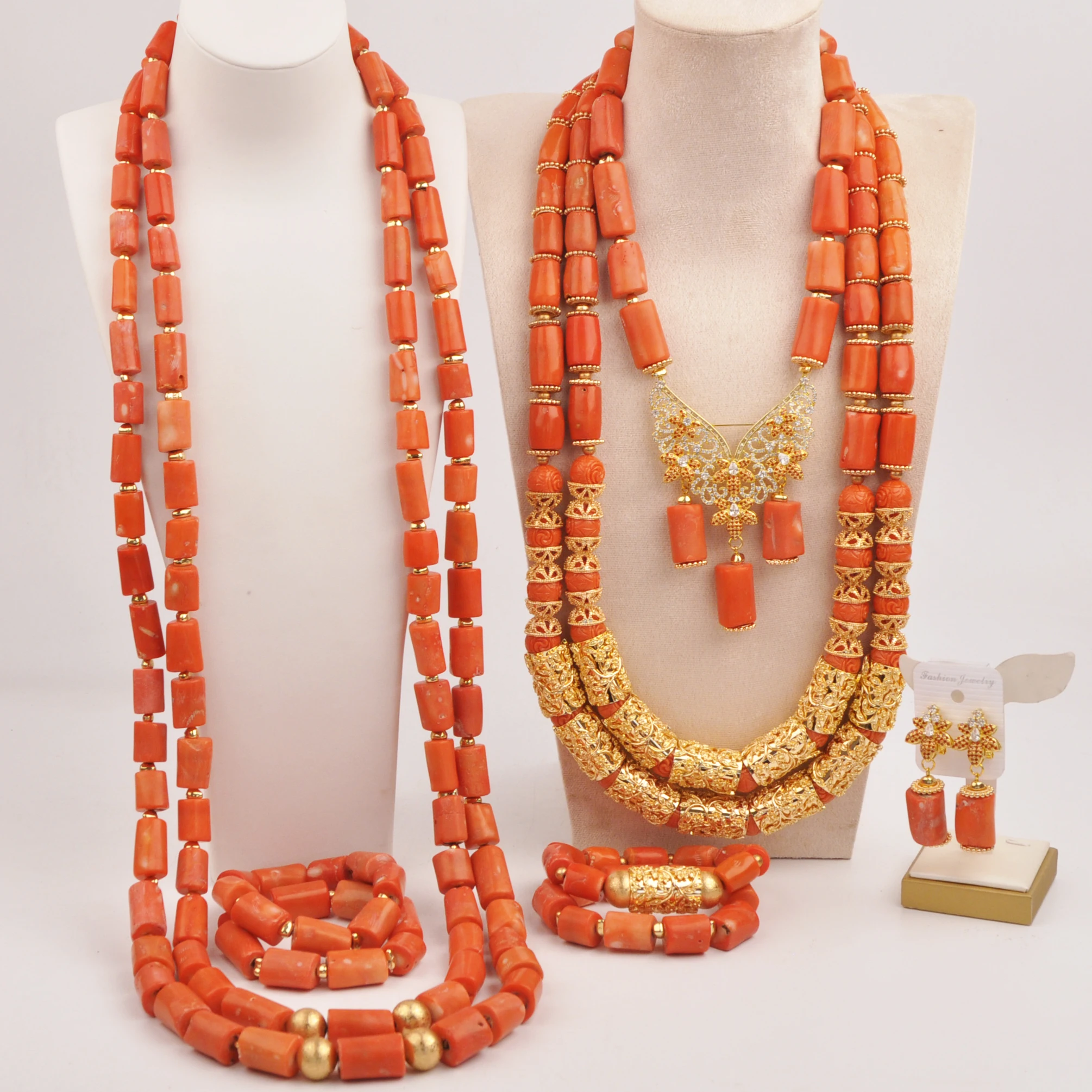 

Fashion Nigerian Coral Beads Jewelry Set for Couple African Wedding Jewelry Sets