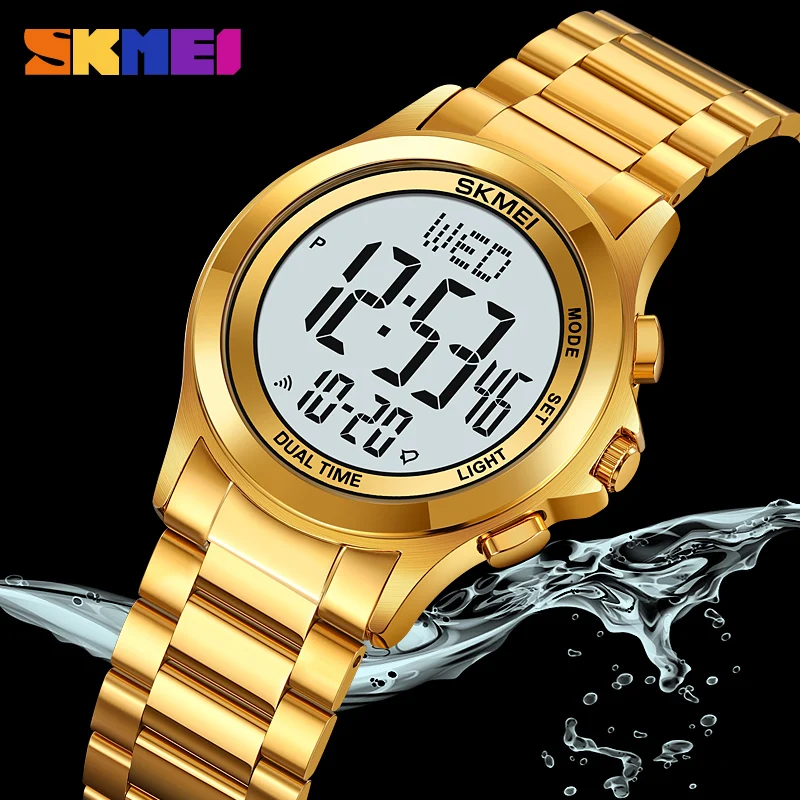 SKMEI Stainless Steel Digital Watch Fashion Men\'s Wristwatch Countdown Stopwatch 2Time Waterproof Free Shipping